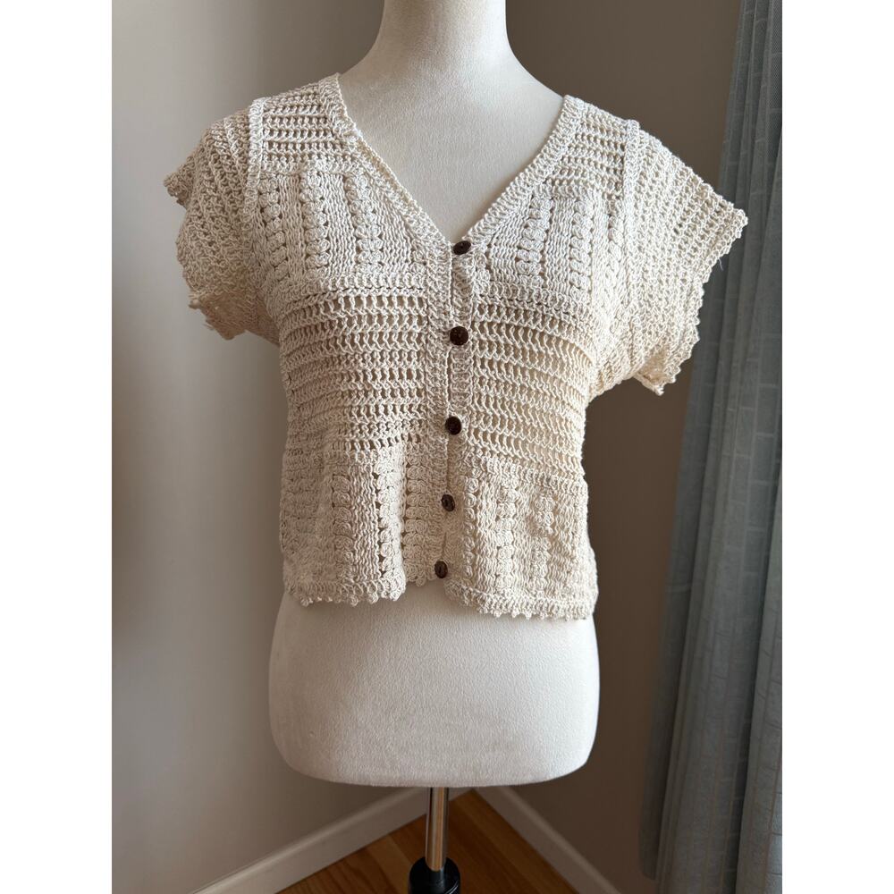 Rebellion Again Vintage Y2K Crochet Crop‎ Cardigan Size XS Cottagecore Coquette